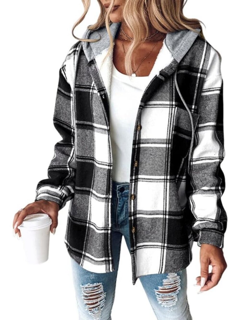 Cozy Plaid Hooded Shacket for Women - Casual Fleece Lined Jacket, Perfect